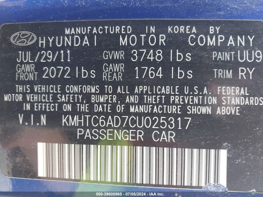 2012 Hyundai Veloster VIN: KMHTC6AD7CU025317 Lot: 39808965