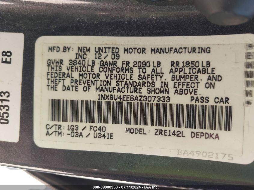 2010 Toyota Corolla Le VIN: 1NXBU4EE6AZ307333 Lot: 39808968