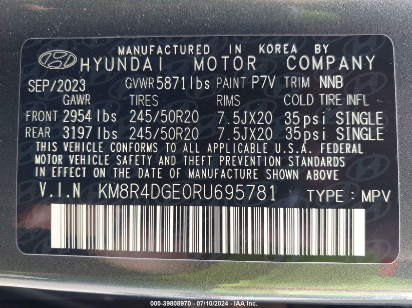 2024 Hyundai Palisade Sel VIN: KM8R4DGE0RU695781 Lot: 39808970