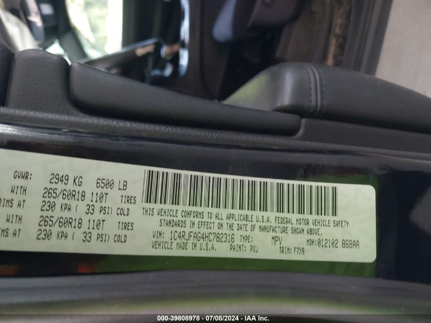 2017 Jeep Grand Cherokee Laredo VIN: 1C4RJFAG4HC782316 Lot: 39808978