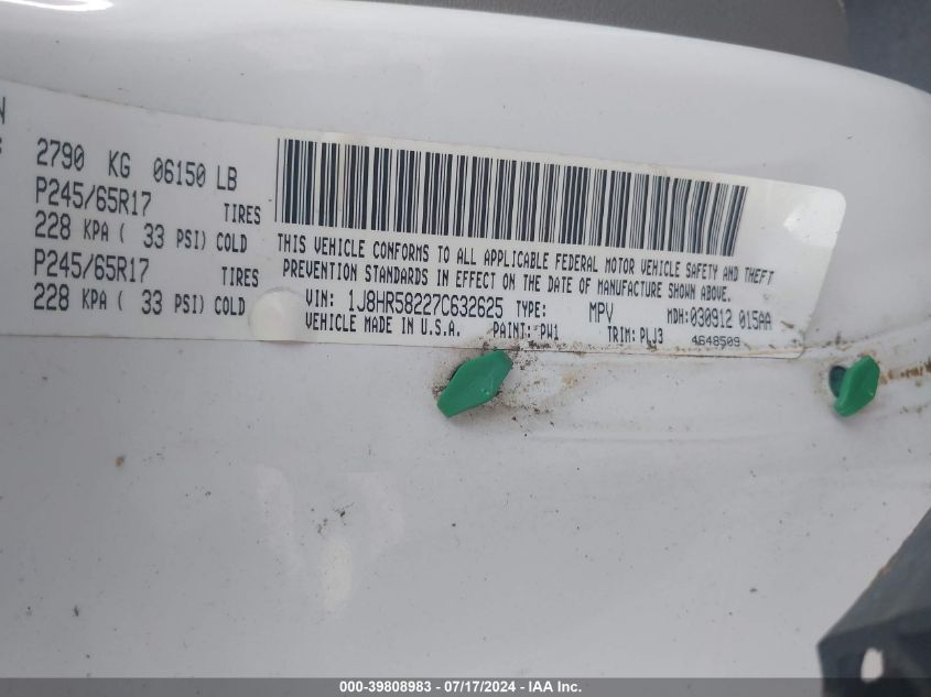 2007 Jeep Grand Cherokee Limited VIN: 1J8HR58227C632625 Lot: 39808983