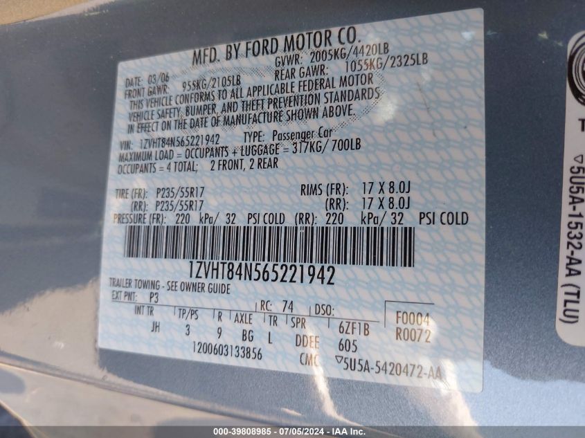 2006 Ford Mustang V6 VIN: 1ZVHT84N565221942 Lot: 39808985