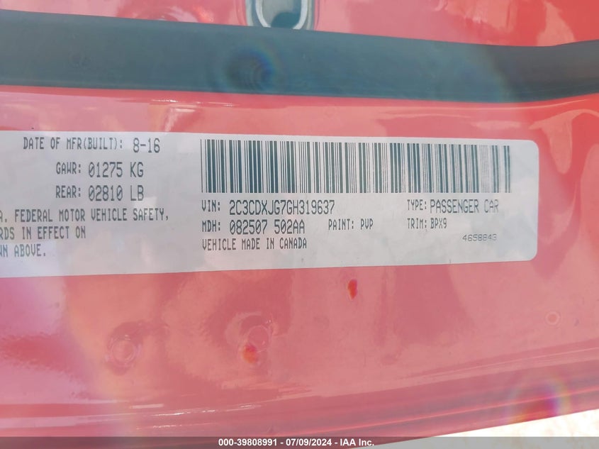 2016 Dodge Charger Sxt VIN: 2C3CDXJG7GH319637 Lot: 39808991