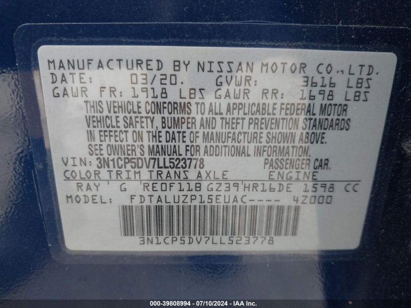 2020 Nissan Kicks Sr Xtronic Cvt VIN: 3N1CP5DV7LL523778 Lot: 39808994