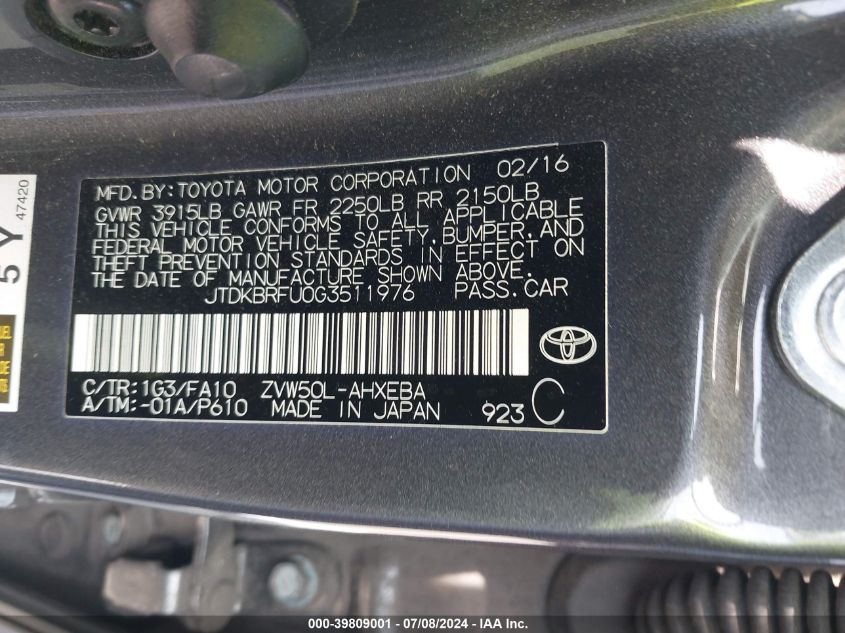 2016 Toyota Prius VIN: JTDKBRFU0G3511976 Lot: 39809001