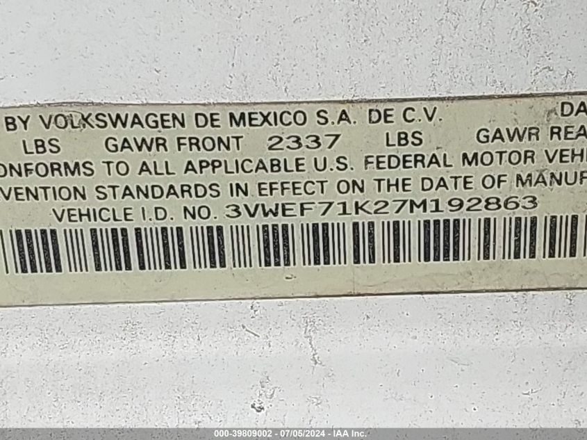 2007 Volkswagen Jetta Wolfsburg Edition VIN: 3VWEF71K27M192863 Lot: 39809002