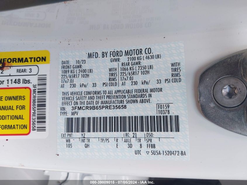 2023 Ford Bronco Sport Big Bend VIN: 3FMCR9B65PRE35658 Lot: 39809015