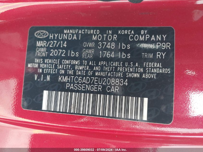 2014 Hyundai Veloster VIN: KMHTC6AD7EU208834 Lot: 39809032