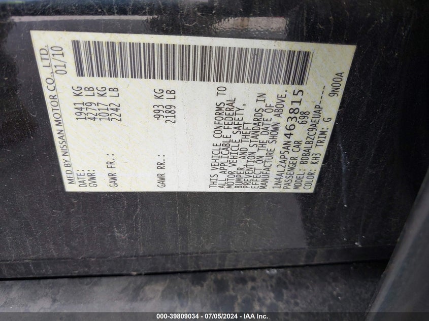 2010 Nissan Altima 2.5 S VIN: 1N4AL2AP5AN463815 Lot: 39809034