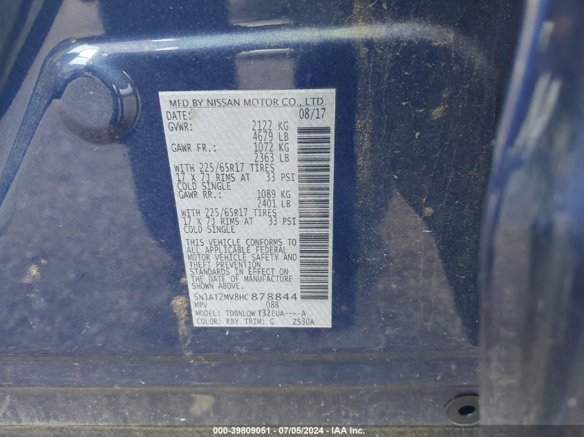 2017 Nissan Rogue Sv VIN: 5N1AT2MV8HC878844 Lot: 39809051