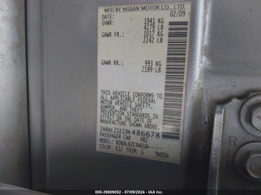 2009 Nissan Altima 2.5 S VIN: 1N4AL21E19N486678 Lot: 39809052