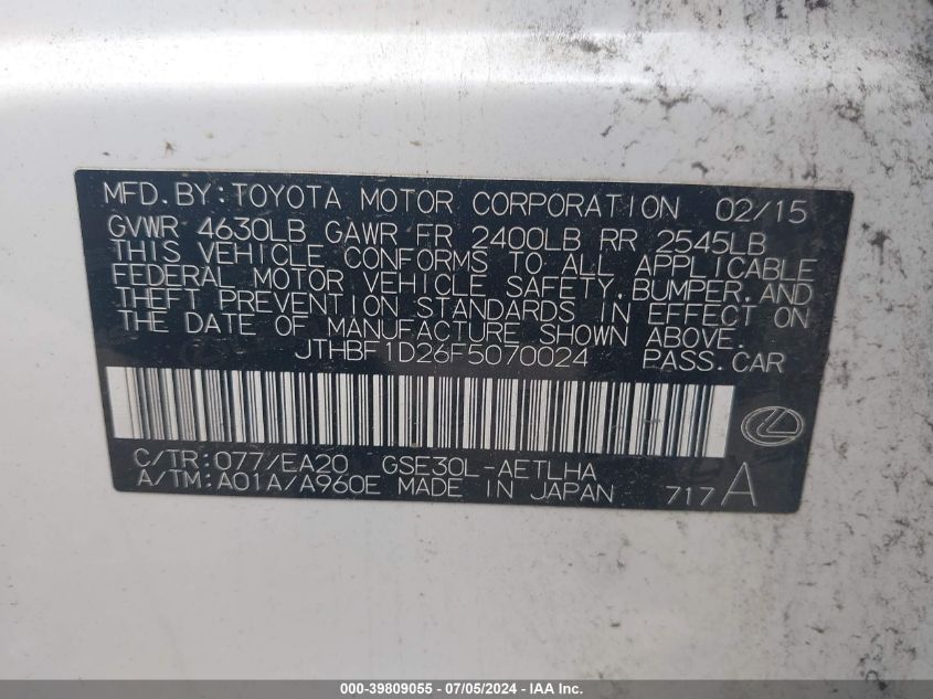 2015 Lexus Is 250 VIN: JTHBF1D26F5070024 Lot: 39809055