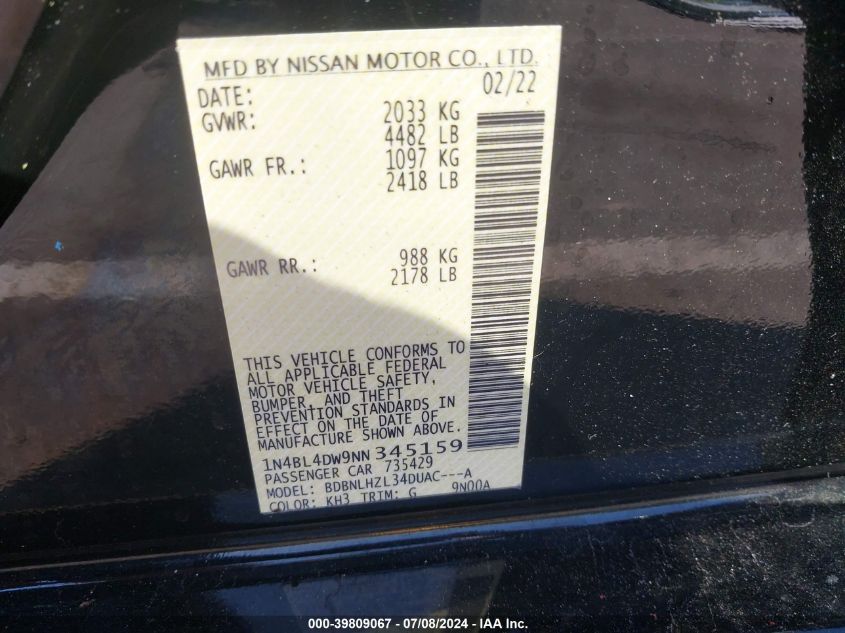2022 Nissan Altima Sv VIN: 1N4BL4DW9NN345159 Lot: 39809067