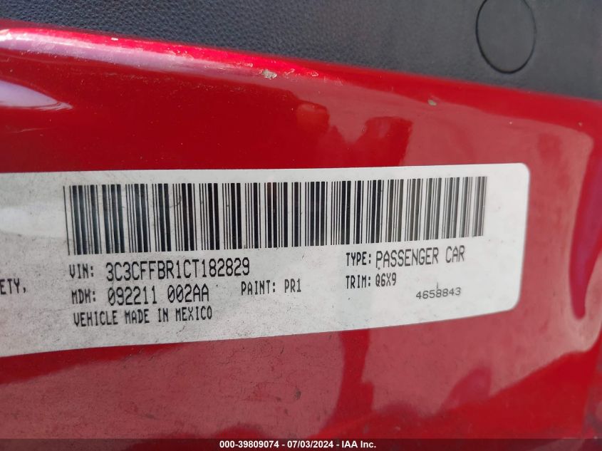 2012 Fiat 500 Sport VIN: 3C3CFFBR1CT182829 Lot: 39809074