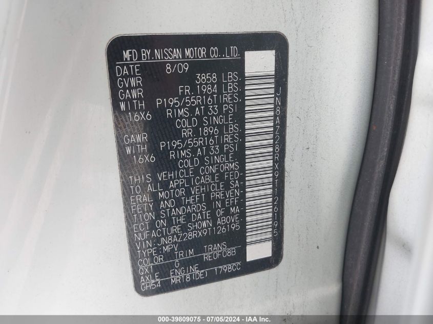 2009 Nissan Cube 1.8Sl VIN: JN8AZ28RX9T126195 Lot: 39809075