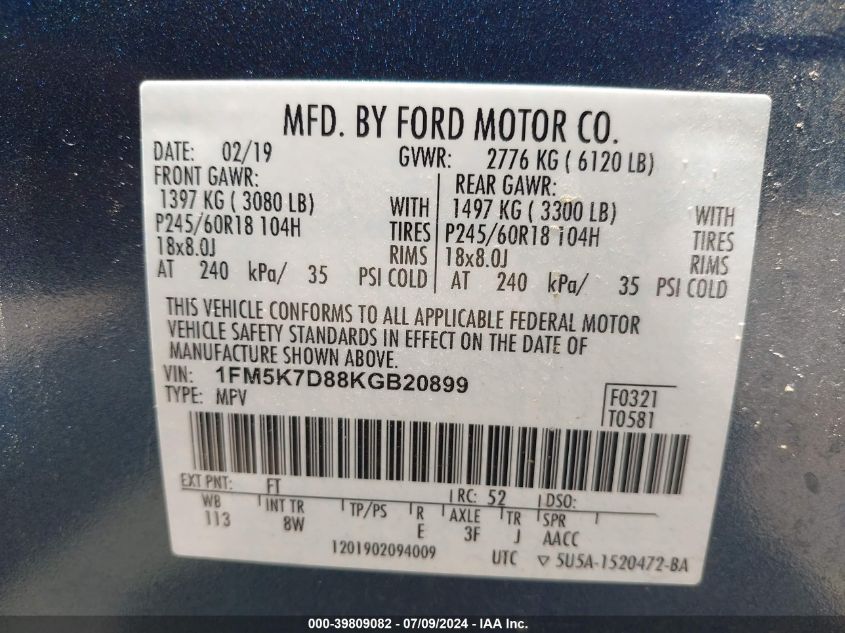 2019 Ford Explorer Xlt VIN: 1FM5K7D88KGB20899 Lot: 39809082