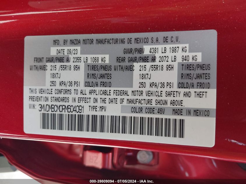 2024 Mazda Cx-30 2.5 S Preferred Package VIN: 3MVDMBCM0RM604091 Lot: 39809094