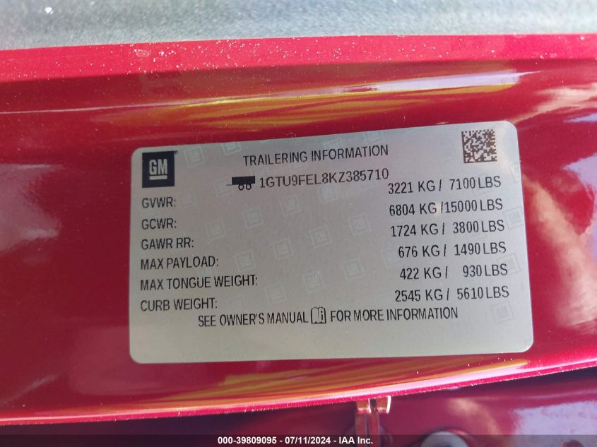 2019 GMC Sierra 1500 Denali VIN: 1GTU9FEL8KZ385710 Lot: 39809095