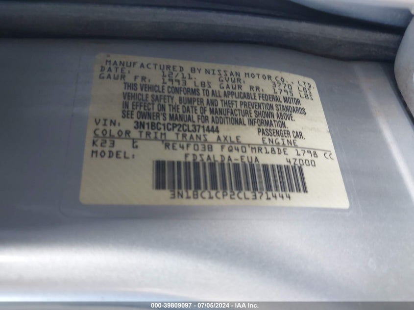 2012 Nissan Versa S/Sl VIN: 3N1BC1CP2CL371444 Lot: 39809097