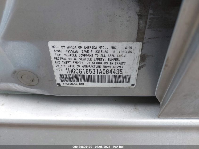 2001 Honda Accord 3.0 Ex VIN: 1HGCG16531A064435 Lot: 39809102
