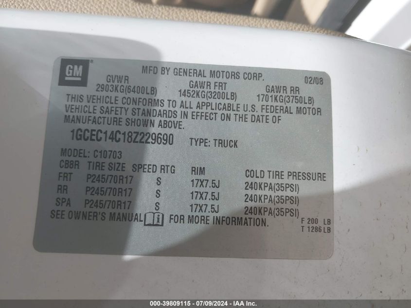 2008 Chevrolet Silverado 1500 Lt1 VIN: 1GCEC14C18Z229690 Lot: 39809115