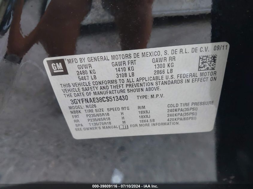 2012 Cadillac Srx Luxury Collection VIN: 3GYFNAE38CS513430 Lot: 39809116