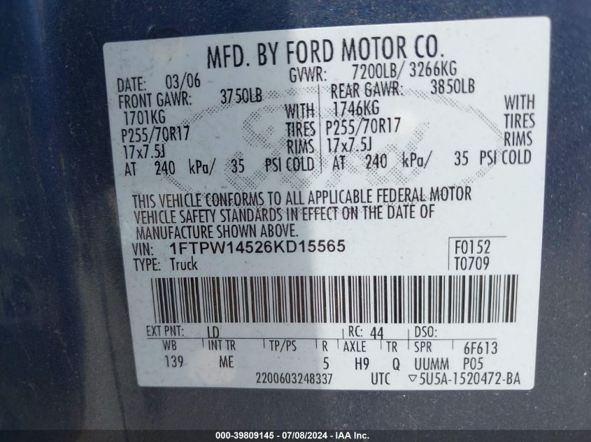 2006 Ford F-150 Fx4/Lariat/Xlt VIN: 1FTPW14526KD15565 Lot: 39809145