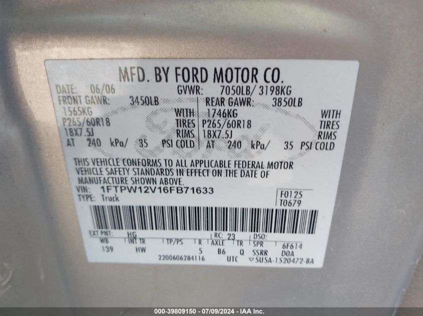 2006 Ford F-150 Lariat/Xlt VIN: 1FTPW12V16FB71633 Lot: 39809150