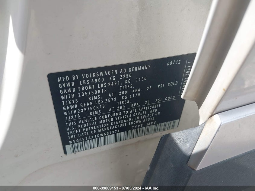 2013 VOLKSWAGEN TIGUAN SE - WVGBV7AX1DW537974