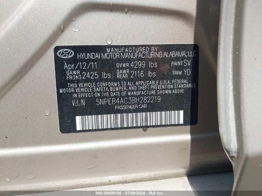 5NPEB4AC3BH282219 2011 Hyundai Sonata Gls