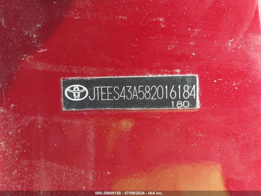 2008 Toyota Highlander Sport VIN: JTEES43A582016184 Lot: 39809158