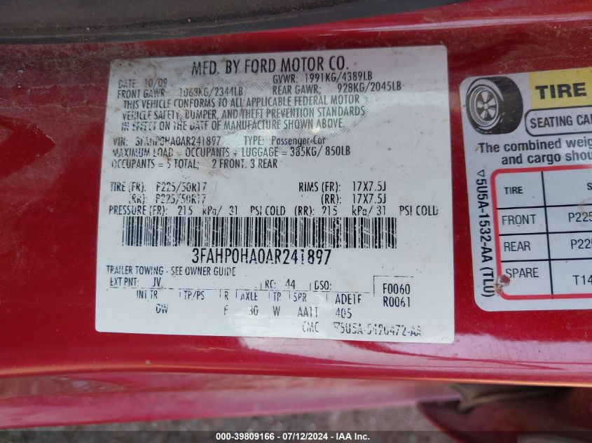 2010 Ford Fusion Se VIN: 3FAHP0HA0AR241897 Lot: 39809166