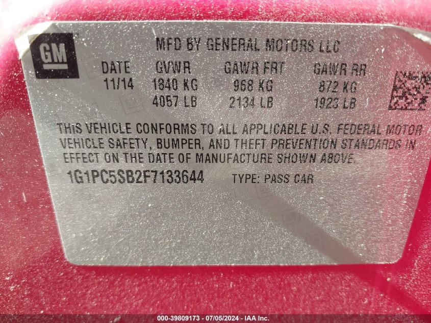 2015 Chevrolet Cruze Lt VIN: 1G1PC5SBZF7133644 Lot: 39809173