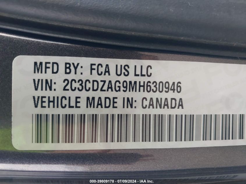 2021 Dodge Challenger Sxt VIN: 2C3CDZAG9MH630946 Lot: 39809178