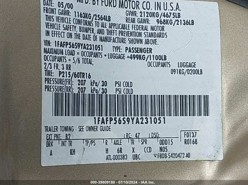 2000 Ford Taurus Sel VIN: 1FAFP56S9YA231051 Lot: 39809180