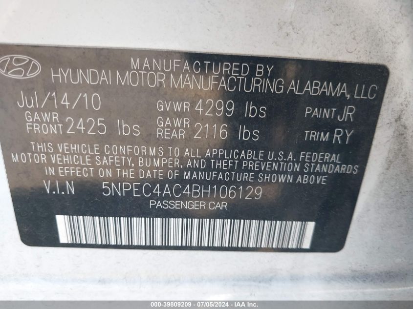 2011 Hyundai Sonata Limited VIN: 5NPEC4AC4BH106129 Lot: 39809209