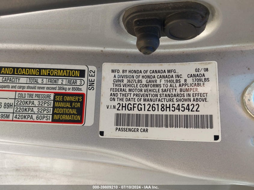 2008 Honda Civic Lx VIN: 2HGFG12618H545422 Lot: 39809210