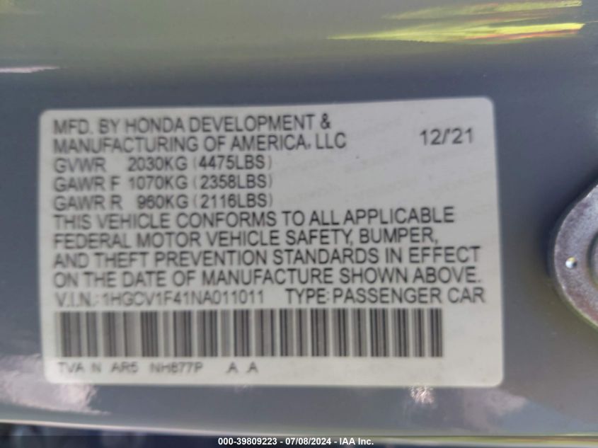 2022 Honda Accord Sport Special Edition VIN: 1HGCV1F41NA011011 Lot: 39809223