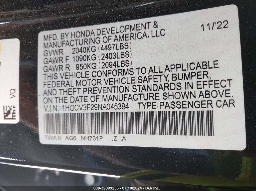 1HGCV3F29NA045384 2022 Honda Accord Hybrid Sport