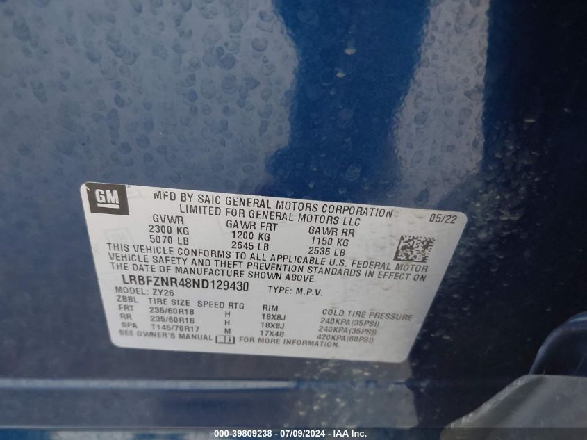 2022 Buick Envision Fwd Essence VIN: LRBFZNR48ND129430 Lot: 39809238