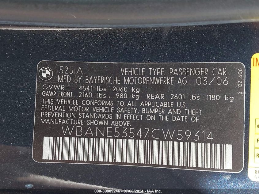 2007 BMW 525 I VIN: WBANE53547CW59314 Lot: 39809246