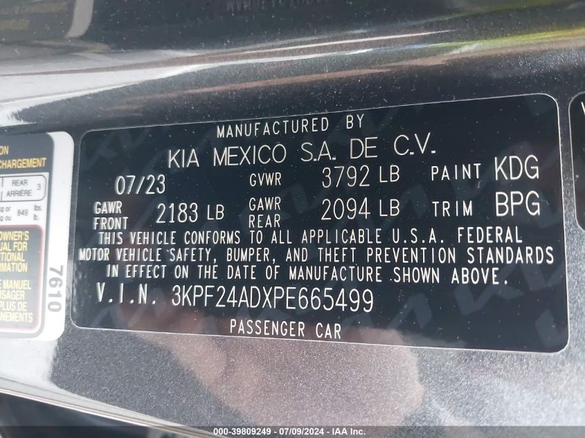 2023 Kia Forte Lxs VIN: 3KPF24ADXPE665499 Lot: 39809249