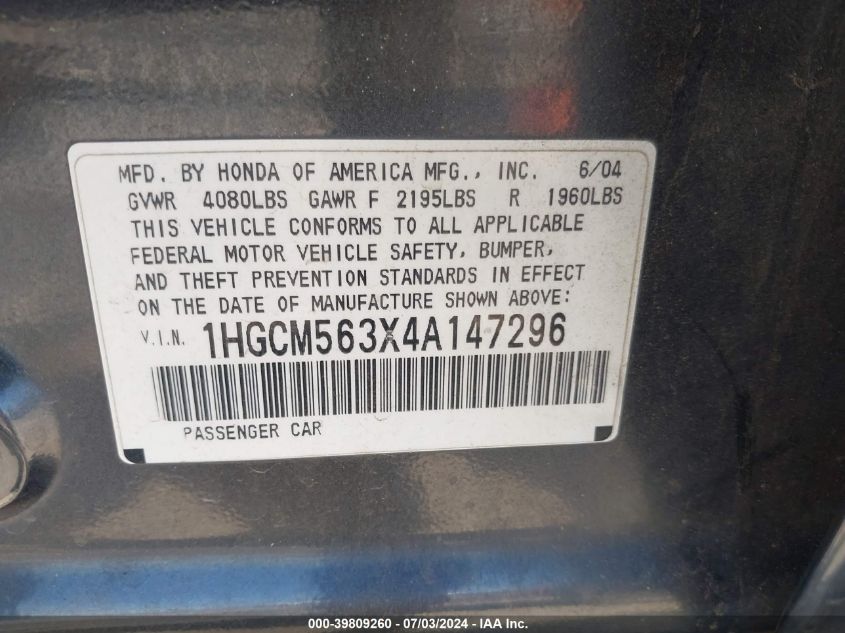 2004 Honda Accord 2.4 Lx VIN: 1HGCM563X4A147296 Lot: 39809260