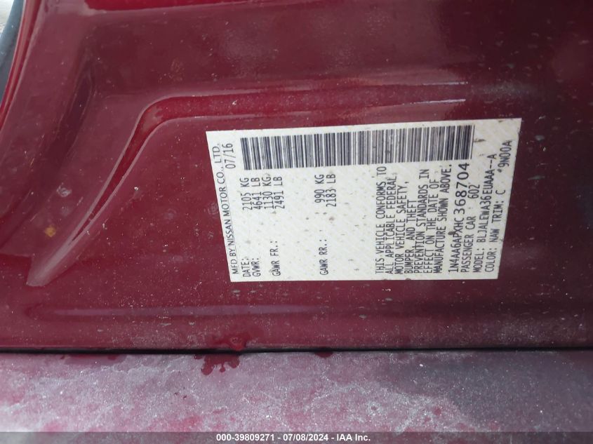 2017 Nissan Maxima 3.5S/Sv/Sl/Sr/Plat VIN: 1N4AA6APXHC368704 Lot: 39809271