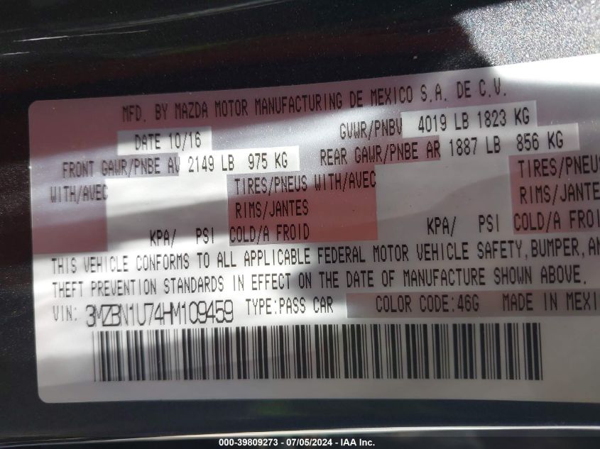 2017 Mazda Mazda3 Sport VIN: 3MZBN1U74HM109459 Lot: 39809273
