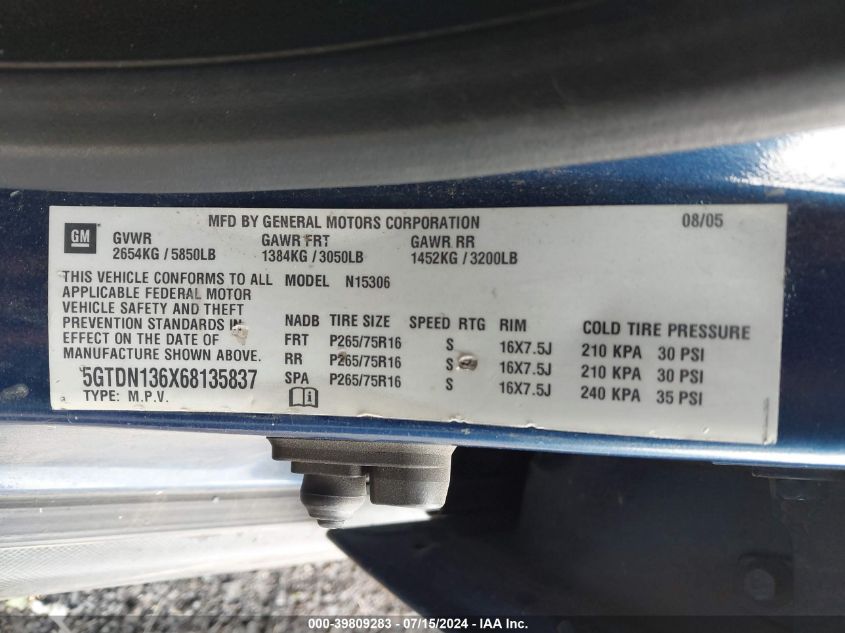 2006 Hummer H3 Suv VIN: 5GTDN136X68135837 Lot: 39809283