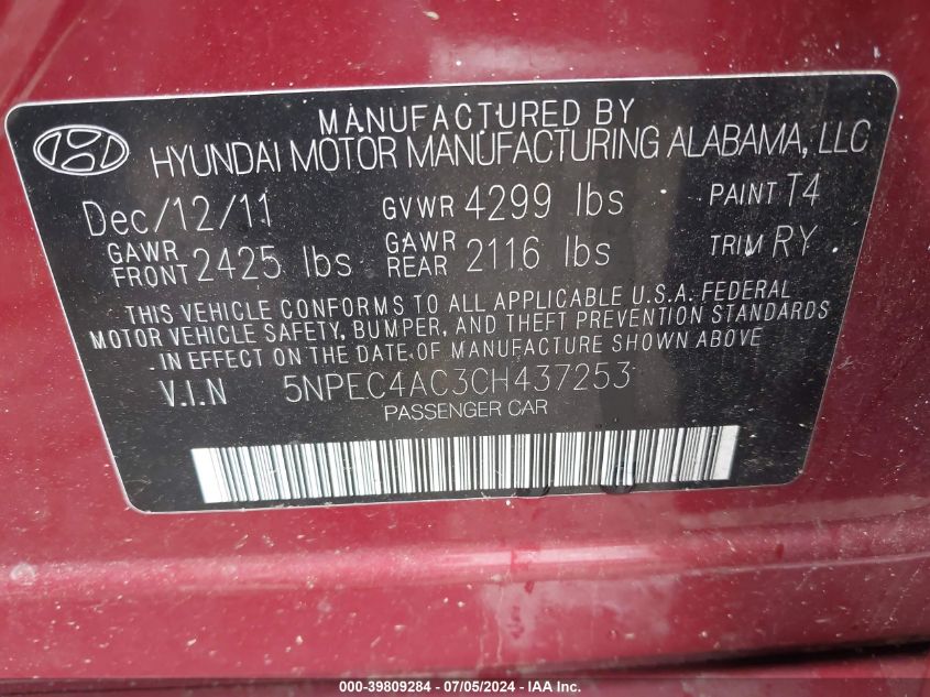 5NPEC4AC3CH437253 2012 Hyundai Sonata Se