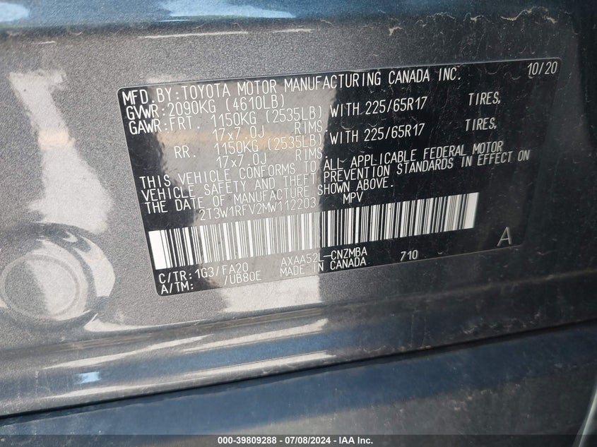 VIN 2T3W1RFV2MW112203 2021 TOYOTA RAV4 XLE/XLE PREMIUM