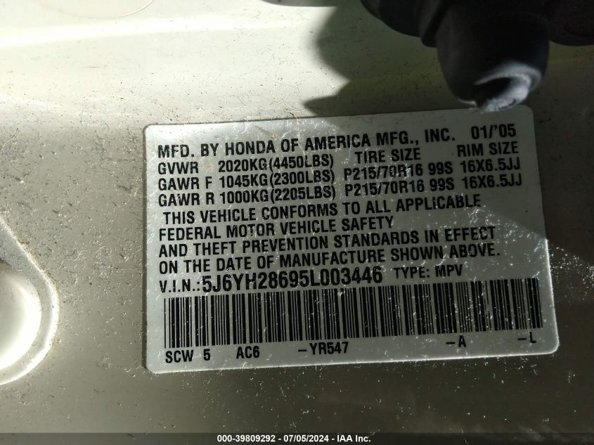 2005 Honda Element Ex VIN: 5J6YH28695L003446 Lot: 39809292