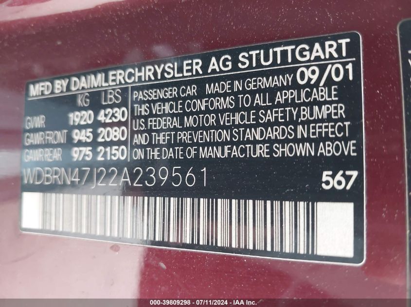 2002 Mercedes-Benz C 230 VIN: WDBRN47J22A239561 Lot: 39809298